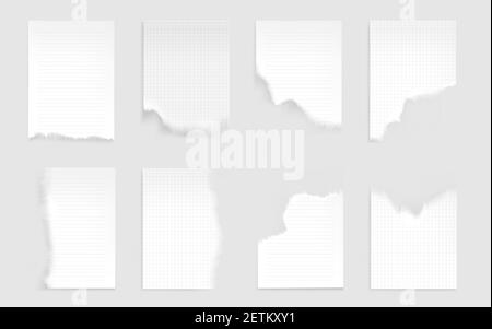 Notebook sheets with torn edges. Ragged lined and checkered blank pages for memo and daily planner empty notepad papers pieces isolated on white background. Realistic 3d vector illustration, set Stock Vector