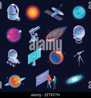 Astrophysics isometric icons with radio telescope spiral galaxy stars planets comet scientists formula black background vector illustration Stock Vector