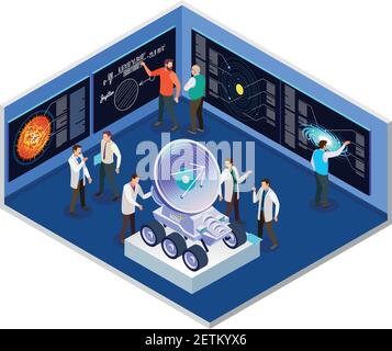 Astrophysics research center interior  isometric composition with scientists preparing for mobile radio telescope space mission vector illustration Stock Vector