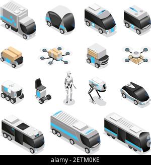 Automated robot delivery isometric icons collection with cute remote controlled humanoid quadruple drone unmanned vehicles vector illustration Stock Vector