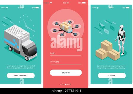 Fast delivery isometric banners for mobile app design offering different ways of post delivery vector illustration Stock Vector