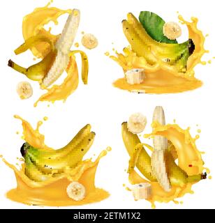 Realistic banana juice splash set with four isolated images of banana fruits floating in yellow liquid vector illustration Stock Vector
