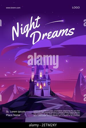 Fairy tale castle under night starry sky. Cartoon vector illustration ...