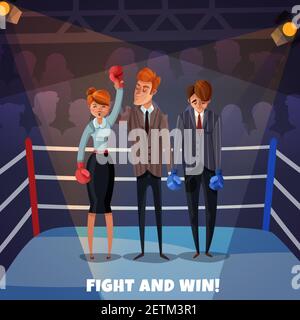 Business winner loser characters women men background with boxing ring and business people fight and win vector illustration Stock Vector