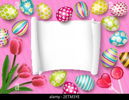 Easter composition with empty paper frame for congratulation text and images of eggs sweets and flowers vector illustration Stock Vector