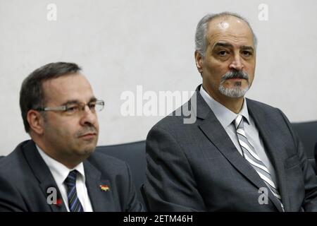 Bashar al-Ja'afari (R), Syrian chief negotiator and Ambassador of the Permanent Representative Mission of the Syria to UN in New York attends a meeting with UN Special Envoy for Syria Staffan de Mistura during the Intra Syria talks, at the European headquarters of the United Nations in Geneva, Switzerland March 29, 2017. REUTERS/Denis Balibouse (Photo by Xinhua/Sipa USA)