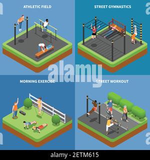 Street workout morning exercises and outdoor gymnastics at athletic field isometric design concept isolated vector illustration Stock Vector