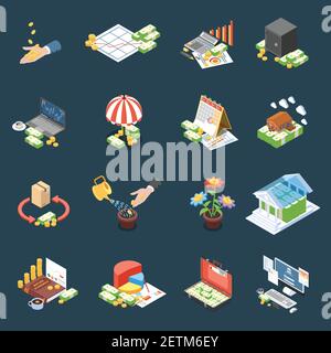 Wealth management isometric icons with financial statistics and operations net profit on dark background isolated vector illustration Stock Vector
