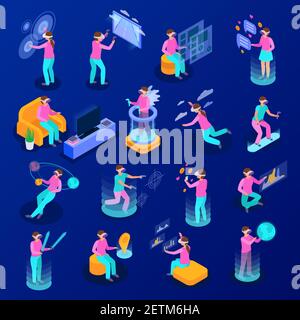 Big set of isometric icons with people using various augmented reality devices isolated on blue background 3d vector illustration Stock Vector