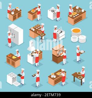 People cooking italian dishes and kitchen interior items isometric icons set isolated on blue background 3d vector illustration Stock Vector