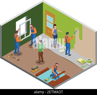 Home repair isometric design concept with craftspeople performing various works in room and owners giving instructions vector illustration Stock Vector