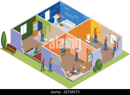 Home repair isometric composition with workers in apartment interior involved in painting walls laying tiles doors installation plumbing work vector i Stock Vector