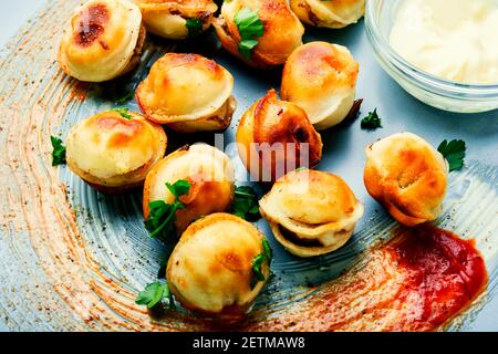 Plate with roasted tasty pelmeni.Fried dumplings.Russian pelmeni or meat dumplings Stock Photo