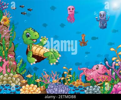 Vector illustration of Cartoon turtle and octopus underwater Stock Vector