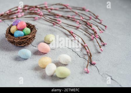 Colourful Easter eggs in bird's nest with decorative willow branches on gray cement background Stock Photo