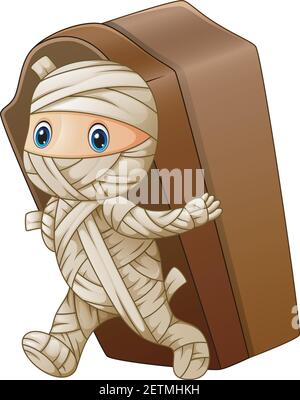 Vector illustration of Kid in a mummy costume with coffin Stock Vector