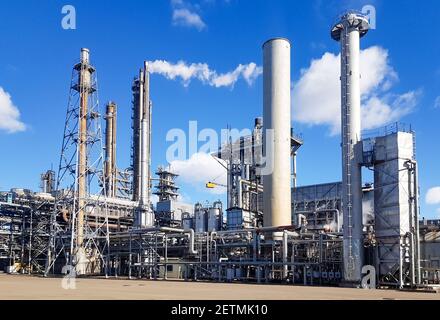 Large-capacity workshop for the production of ammonia of a petrochemical plant. Exterior of tube furnace, Shaft converter, CO2 adsorber with copy spac Stock Photo