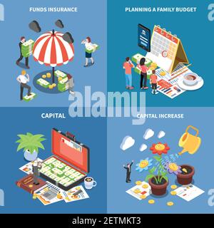 Wealth management isometric design concept with money resources funds insurance planning budget capital increase isolated vector illustration Stock Vector