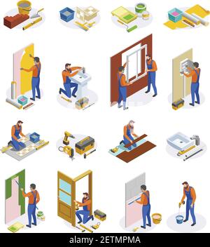 Home repair isometric icons set of tools and craftspeople performing  laying tiles pasting wallpapers doors and window installation isolated vector il Stock Vector