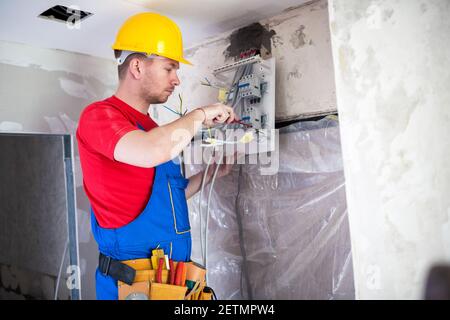 Applying automatic switches on distribution board with standard screwdriver Stock Photo