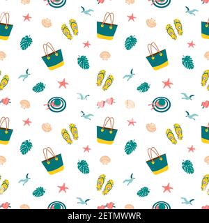 Cute bright seamless summer pattern with items for the sea and vacation. Stock Vector