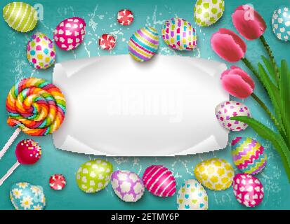 Easter composition with images of colored festive eggs lollipop sweets and flowers with empty text frame vector illustration Stock Vector
