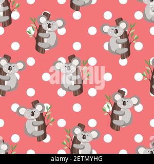 Seamless pattern with cute koala baby and flowers on color polka dots background. Funny australian animals. Card, postcards for kids. Flat vector Stock Vector