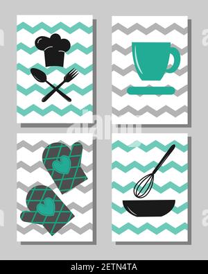 Chefs hat, spoons and forks, oven mitts, salad bowl and whisk. Stock Vector