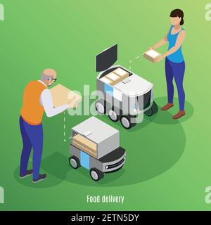 Food delivery isometric background with people loading boxes with pizza and sushi into self drive robotic cars  vector illustration Stock Vector