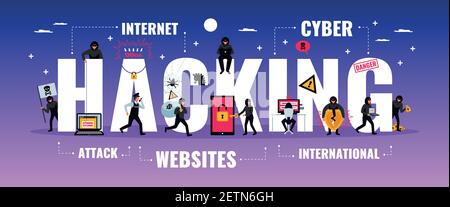 Hacker typography banner with cyber attack symbols flat  vector illustration Stock Vector