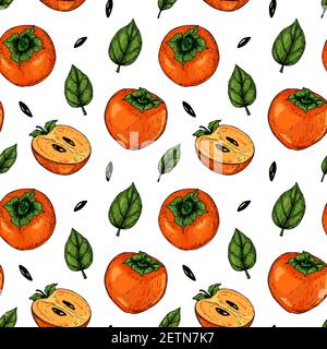 Colorful seamless pattern with hand drawn persimmon fruits and slices. Vector illustration in colored sketch style. Stock Vector