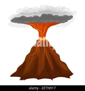 Volcano eruption in cartoon style isolated on white background stock vector illustration. Active mountain, explosion with lava and smoke. Element, boulder. Vector illustration Stock Vector