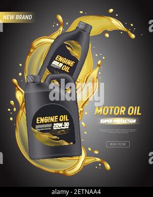 Realistic motor oil poster ads with editable text canister package splashes and drops of engine oil vector illustration Stock Vector