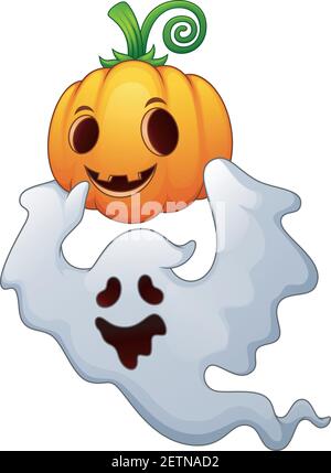 Vector illustration of Halloween ghosts holding a pumpkin Stock Vector