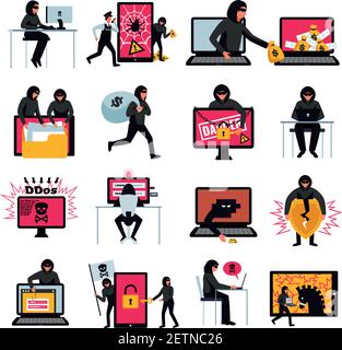 Hacker icons set with online threats and attacks symbols flat isolated vector illustration Stock Vector