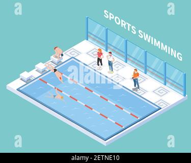 Athletes and trainers during sports swimming workout in public pool isometric composition on turquoise background vector illustration Stock Vector