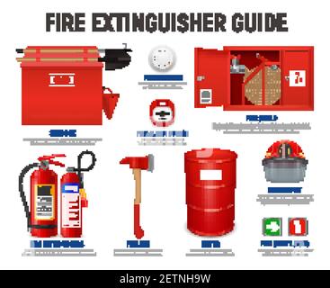 Realistic fire extinguisher guide with editable text captions and ...