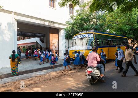 Pondicherry, India - 2 March 2021: Taking children to primary school during covid time Stock Photo