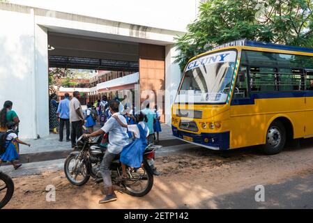 Pondicherry, India - 2 March 2021: Taking children to primary school during covid time Stock Photo