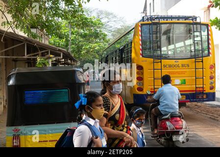 Pondicherry, India - 2 March 2021: Taking children to primary school during covid time Stock Photo