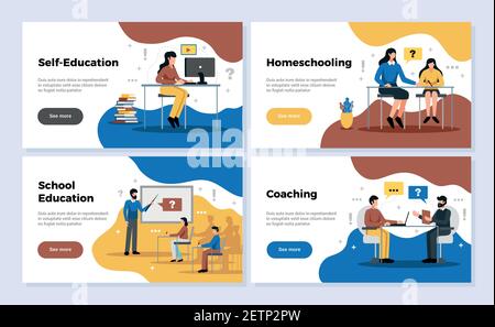 Education horizontal banners set with school education and coaching symbols flat isolated vector illustration Stock Vector