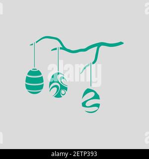 Easter Eggs Hanged On Tree Branch Icon. Green on Gray Background. Vector Illustration. Stock Vector