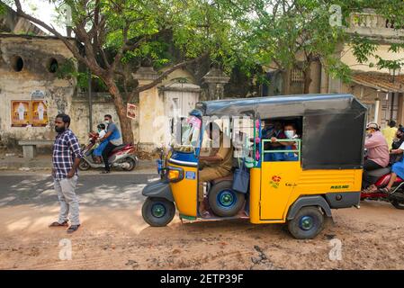 Pondicherry, India - 2 March 2021: Taking children to primary school during covid time Stock Photo