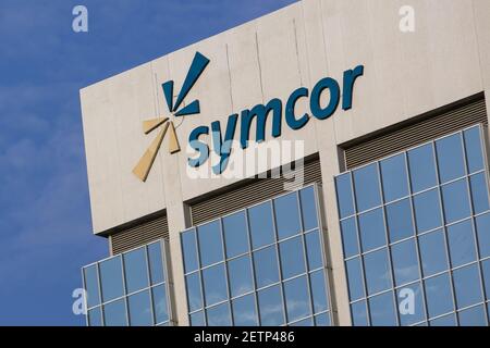 A logo sign outside of the headquarters of Symcor in Mississauga ...