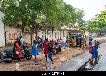 Pondicherry, India - 2 March 2021: Taking children to primary school during covid time Stock Photo