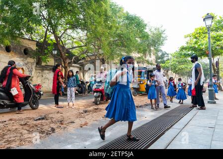 Pondicherry, India - 2 March 2021: Taking children to primary school during covid time Stock Photo