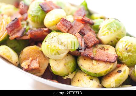 side dish of brussels sprouts with diced bacon for a holiday feast Stock Photo
