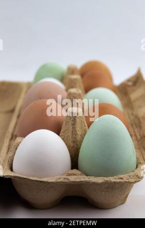 Green, brown and white eggs in a egg box Stock Photo
