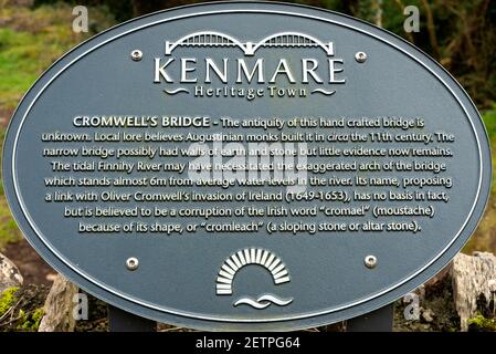 Kenmare Heritage Town and Cromwell's Bridge information plaque sign in Kenmare, County Kerry, Ireland Stock Photo