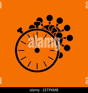 Coronavirus Molecule Under Stopwatch Icon. Black on Orange Background. Vector Illustration. Stock Vector